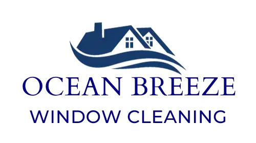 Logo with a stylised house in blue and ocean breeze window cleaning